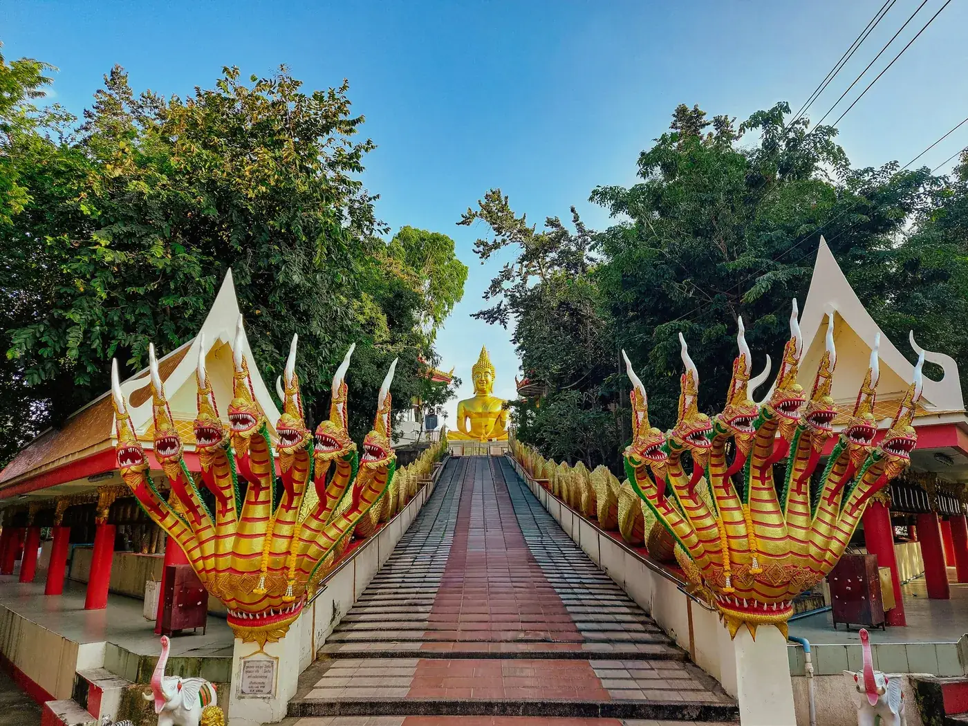 Golden Big Buddha at the top of the naga staircase, Wat Phra Yai, Pattaya