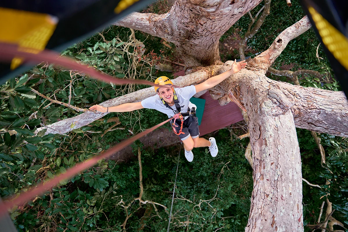 Zipliner gliding through the jungle canopy at Erawan Patong Zipline, Phuket