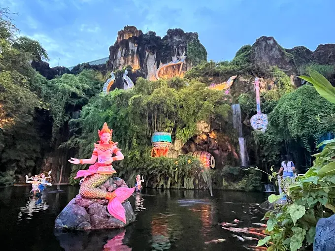 Phuket FantaSea theme park lit up at night in Kamala, Phuket