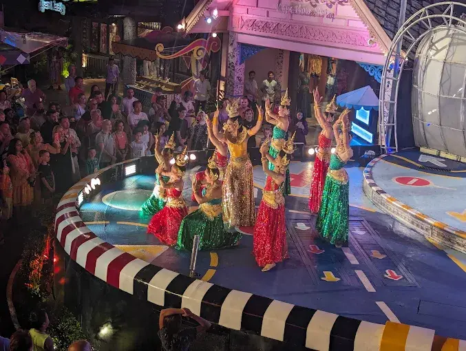 Festival Village shopping street and carnival lights at Phuket FantaSea