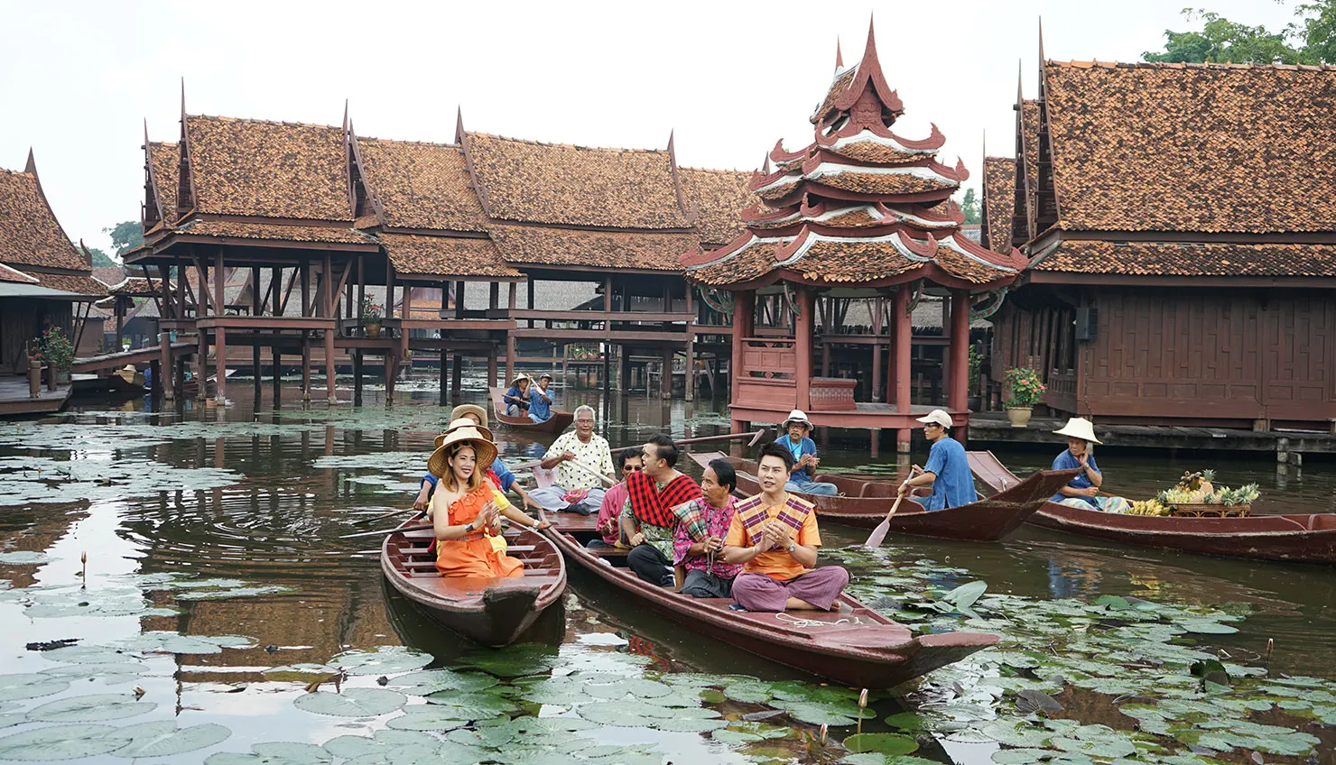 Thai temple and monument replicas in the green grounds of the Ancient City, Samut Prakan