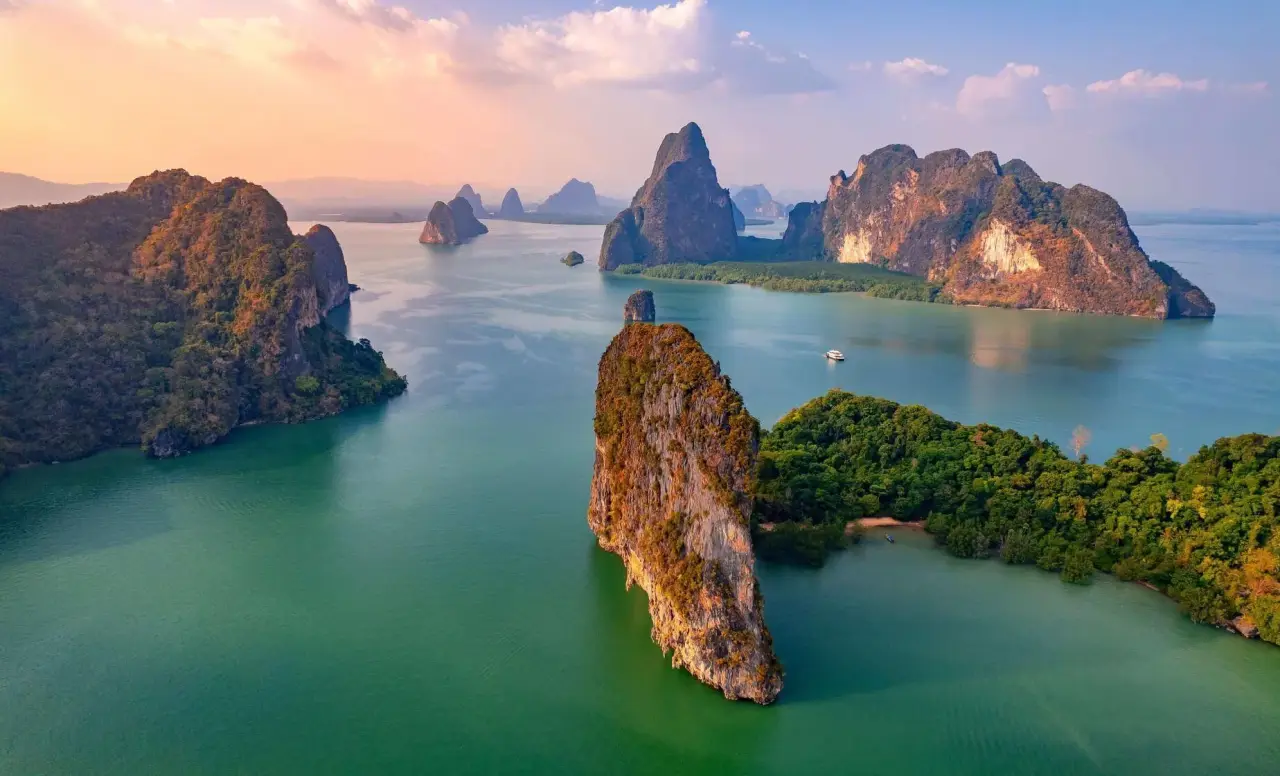 Aerial view of James Bond Island and the limestone karsts of Phang Nga Bay, Thailand